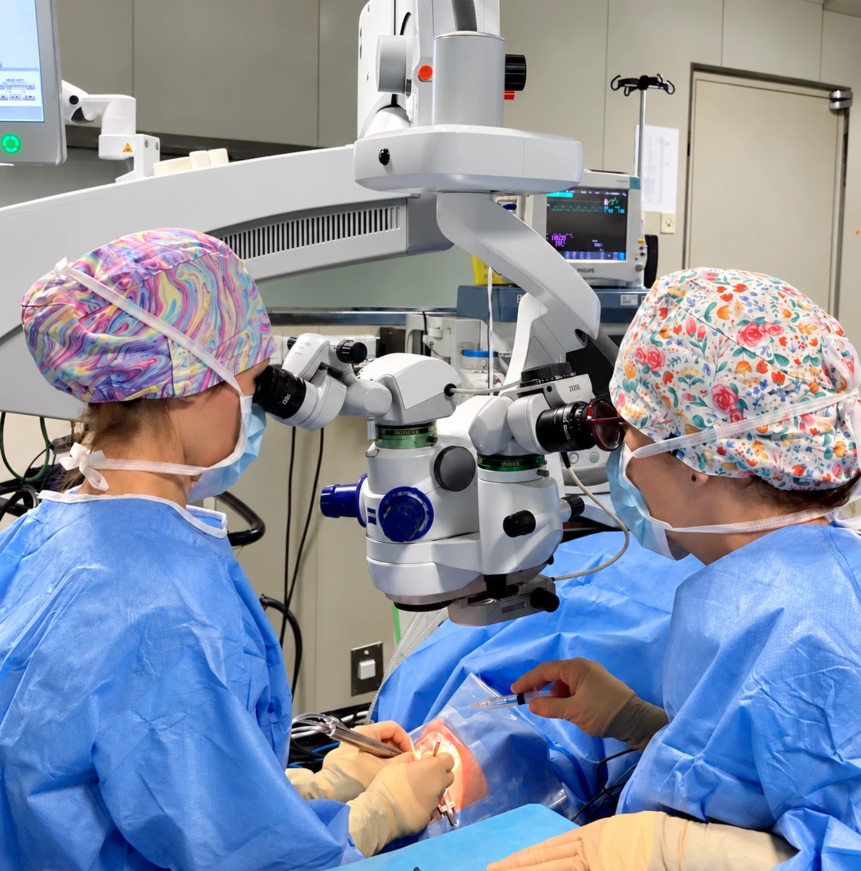 L’équipe au microscope dans la salle d’intervention